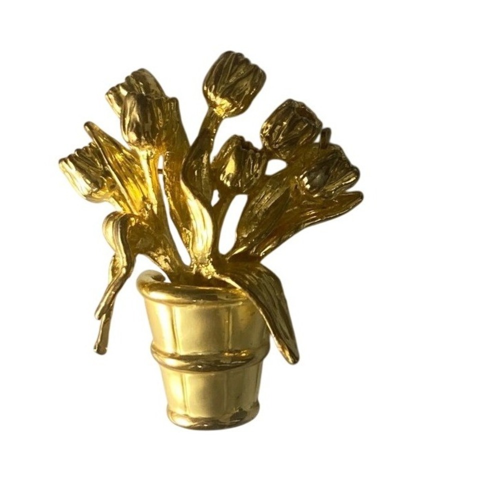 Vintage Gold Tone Tulip Flower Pot Brooch Pin Floral Garden Jewelry‎ 2 Inch